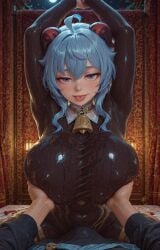 ai_generated ganyu_(genshin_impact) bodysuit blue_hair hand_on_breast wet_body wet_skin wet_clothes picture 1girl large_breasts 1boy 1boy1girl purple_eyes horns tongue_out blush looking_at_viewer solo_focus indoors arms_up wet bell erection grabbing grabbing_another's_breast clothes neck_bell skin_tight pov_hands bodystocking cowbell goat_horns erect_nipples_under_clothes