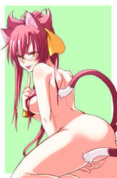 animal_ears ass bare_shoulders blazblue blush bracelet breasts cat_ears cat_tail censored convenient_censoring female fur glasses hair_over_breasts highres jewelry kokonoe long_hair looking_back masturbation multiple_tails nail_polish naughty_face nude ooike_teru pink_hair ponytail pussy ribbon sideboob solo tail tied_hair tongue yellow_eyes yellow_ribbon