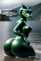1girl ai_art ai_generated big_ass caked_up caption cryptid dialogue female female_focus female_only huge_ass loch_ness_monster monster_girl phizben story wide_hips word_balloon