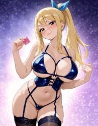 ai_generated blonde_hair blue_g-string blue_lingerie blue_stockings bra brown_eyes cleavage condom_wrapper corset fairy_tail front_view g-string garter_straps holding_condom huge_breasts illustrious_(stable_diffusion) imminent_sex lace-trimmed_stockings large_breasts lingerie long_hair lucy_heartfilia payop ponytail posing pubic_hair_peek ready_to_fuck ribbon self_upload smug solo stockings stripper underboob waist_cincher
