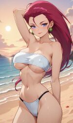 2025 4kids_entertainment 8ghai8 ai_generated anime beach_background belly black_dot_eyes deviantart female_only green_earrings hand_on_butt hand_on_hair hand_on_head jessie_(pokemon) long_hair_female nintendo pink_eyebrows pink_hair_female pokemon purple_eyes_female red_lips sea_background seducing_viewer seductive_body seductive_expression seductive_eyes seductive_female seductive_look seductive_mouth seductive_pose seductive_smile team_rocket tummy white_bikini