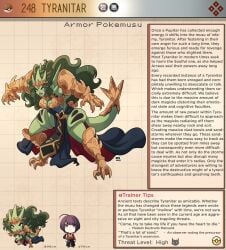 1boy 1girls character_sheet creature_index english_text female female_focus generation_2_pokemon green_body green_hair hi_res kinkymation long_hair male nintendo pokemon pokemon_(species) pokemorph pokemusu profile purple_eyes text text_box tyranitar