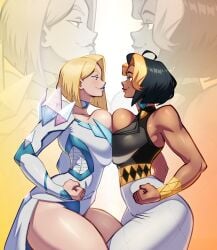 2girls big_breasts black-haired_female black_hair blonde_female blonde_hair blue_lipstick breast_press breasts breasts_squeezed_together chocolate_and_vanilla cleavage crossover dark-skinned_female dark_skin domina emma_frost emma_frost_(marvel_rivals) female female_only light-skinned_female light_skin lipstick looking_at_another marvel marvel_rivals mesiasart overwatch overwatch_2 pressing_breasts pressing_breasts_together red_lipstick short-haired_female short_hair symmetrical_docking thick_thighs thighs voluptuous voluptuous_female x-men