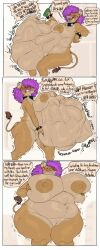 2026 absurd_res anthro areola belly big_breasts biped blush breasts closed_eyes collar dialogue digital_media_(artwork) english_text felid female female_pred female_prey fingers genitals hair hi_res holding_object huge_breasts itskorrie lion mammal nipples open_mouth pantherine spiked_collar spikes tail text vore vulva