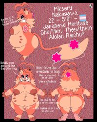 abstract_background ahoge alolan_form alolan_raichu anthro ass balls belly_nipples big_breasts big_butt breasts cowprintsoda darkened_nipples elemental_creature fan_character flora_fauna flower food food_creature fruit generation_7_pokemon genitals gynomorph hair hi_res humanoid_genitalia humanoid_penis intersex lgbt_pride living_fruit mammal model_sheet multi_nipple multiple_angles nintendo nipples overweight overweight_anthro overweight_gynomorph overweight_intersex penis pikseru_(cowprintsoda) plant pokemon pokemon_(species) pride_colors regional_form_(pokemon) rodent short_stack small_penis solo thick_thighs trans_(lore) trans_woman_(lore) transgender_pride_colors