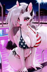 1girls ai_generated american_flag_bikini anthro anthro_female anthro_only ass big_ass big_breasts bikini breasts canid canine canis choker demon demon_girl ears female furry furry_female furry_only furry_tail goth goth_girl grey_body grey_fur grey_hair hellhound helluva_boss hi_res high_resolution hires lights long_hair looking_at_viewer loona_(helluva_boss) mildlyflirty necklace open_mouth outdoors outside pool pool_lights poolside red_sclera solo solo_female swimsuit swimwear tail two-piece_swimsuit two-tone_body two-tone_fur two-tone_tail upscaled wet wet_body wet_fur wet_hair white_body white_eyes white_fur wolf wolf_girl