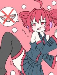 1girls 2d 2d_(artwork) against_surface against_wall ahoge big_thighs blush blush_lines clothed clothed_female clothing detached_sleeves female female_only flashing going_commando japanese_text kasane_teto large_thighs miniskirt no_panties oerba_yun_fang one_leg_up open_mouth panties_removed petite petite_body petite_female pink_background red_eyes red_hair simple_background skinny skinny_female skirt slim_girl slim_waist solo solo_female speech_bubble steam steaming_body striped_panties text thick_thighs thighhighs thighs tukemono6500 twin_drills utau wide_hips
