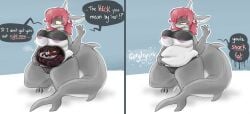 anthro anthro_pred anthro_prey areola areola_slip artist_name asking_another azserfy belly big_belly big_breasts black_clothing black_topwear black_underwear blue_background blush bodily_fluids breasts claws clothing comic cum cum_bath cum_in_stomach cum_inside demon digestion digestion_noises duo ellipsis emoticon english_text female female_pred fin finger_claws fish genital_fluids gradient_background grey_body hair hand_on_belly hand_on_own_belly hi_res horn huge_belly imp inside_stomach internal long_hair male male_prey marine midriff narrowed_eyes non-mammal_areolas non-mammal_breasts notched_ear obese obese_anthro obese_female open_mouth oral_vore outline overweight overweight_anthro overweight_female pith red_body red_hair red_skin rubis_(azserfy) shark simple_background smile speech_bubble sweat sweaty_belly sweaty_breasts sweaty_legs sweaty_thighs tail tail_fin talking_to_another talking_to_prey text thick_tail thick_thighs toe_claws topwear underlined_text underwear unwilling_pred vore vore_belly white_background white_body white_outline willing_prey yellow_sclera