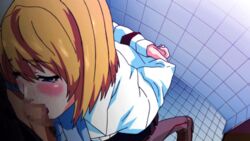 animated bathroom blonde_hair blush bondage fellatio female hair human love_fetish male oral skirt straight tile