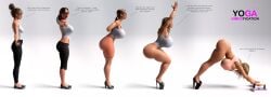 1girls ass_expansion bending_over bimbo bimbofication breast_expansion clothing_transformation glasses heels high_heels leotard muscular_female sequence stripper_heels toned_female traveller1993 yoga yoga_pants