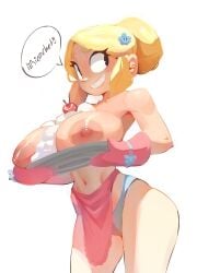blonde_eyebrows blonde_female blonde_hair brawl_stars breasts_on_tray cherry cream_on_breasts hair_ornament huhujujuy imminent_sex nearly_naked_apron oven_mitts piper_(brawl_stars) sachsech205 simple_background slim_waist smiling speech_bubble tied_hair white_background wide_hips