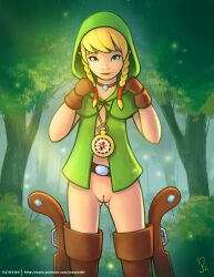belt blonde_hair blue_eyes boots bottomless braid brown_gloves capelet casual choker cleft_of_venus clothing compass crossbow female forest gloves hood human hyrule_warriors jewelry joe_randel leather leather_boots leather_gloves legwear linkle looking_at_viewer naked_hoodie nature no_panties nonsexual nonsexual_nudity outerwear pale_skin pointy_ears pussy smile solo the_legend_of_zelda thigh_boots thighhighs tree twin_braids uncensored watch watermark weapon web_address