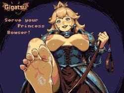 ai_assisted ai_generated animated animation barefoot blonde_hair breasts breasts_out crown dominant dominant_female english_language english_text fantasy feet foot_fetish foot_focus gigatsu limited_palette mario_(series) nintendo nipples pixel_animation pixel_art princess_peach sole_female soles text text_focus toes twitching