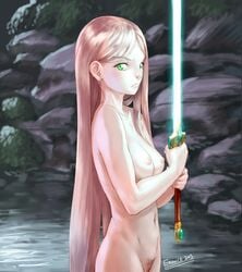 agemmata blonde_hair breasts female green_eyes long_hair nipples nude pubic_hair solo sword weapon