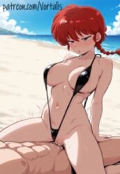 1boy abs ai_generated areola_slip bangs beach black_one-piece_swimsuit blue_eyes blue_sky blush braid braided_ponytail breasts cloud collarbone cowgirl_position cum cum_in_pussy day female half-closed_eyes large_breasts long_hair navel ocean open_mouth outdoors pussy ranma-chan ranma-kun ranma_1/2 ranma_saotome red_hair sex single_braid sky slingshot_swimsuit solo_focus stomach straddling straight strap_gap sweat swimsuit swimsuit_aside thighs vaginal_penetration vortalis