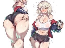 1girls absurdres ahoge ass ass_focus ass_hanging_out ass_hanging_out_of_shorts bare_shoulders beer_can big_ass big_breasts black_shorts blue_jacket blush booty_shorts breasts cameltoe camisole can cleavage covered_nipples dated_commentary dolphin_shorts drink_can fate/grand_order fate_(series) female female_only grey_hair highres huge_breasts jacket jeanne_alter jeanne_d'arc_(fate) jeanne_d'arc_alter_(fate) large_breasts light-skinned_female long_sleeves looking_at_viewer midriff multiple_views navel off_shoulder open_mouth radishkek short_hair short_shorts shorts smile solo squeans sweat thighs white_camisole yellow_eyes