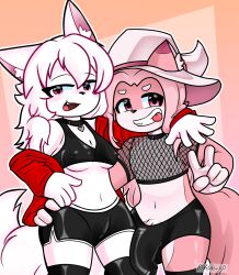 animal_humanoid anonymous_artist anthro ass bite bulge butt_grab camel_toe canid canine clothing coat collar crop_top duo erection erection_under_clothing female femboy fishnet_clothing fox gesture hair hand_gesture hand_on_butt hat headgear headwear heart_collar hi_res hug humanoid latex latex_clothing male male/female mammal nipple_outline pink_body pink_eyes pink_hair red_clothing red_coat red_topwear shirt smile smiling_at_viewer thick_thighs tongue tongue_bite topwear v_sign white_body white_hair witch_hat