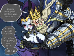 alex_ahad armor beard black_lipstick black_sclera blue_skin blush breast_grab breasts crown deep_skin doggy_style english facial_hair female grabbing_from_behind head_wings huge_breasts lipstick makeup odette odin odin_sphere red_eyes sex skeleton sweatdrop wince