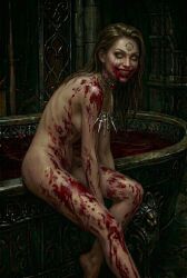 1girls ai_generated bathtub bela_(resident_evil) bela_dimitrescu blonde_female blonde_hair blood_on_face blood_stain choker color female jewelry leaning_forward looking_at_viewer naked naked_female necklace nude nude_female resident_evil resident_evil_8:_village self_upload sitting smile tattoo vampire vampire_girl yellow_eyes