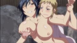 animated breast_grab breast_squeeze breasts female_only hoods_entertainment hourglass_figure kaede_(manyuu_hikenchou) large_breasts lesbian manyuu_chifusa manyuu_hikenchou nipple nipples screencap yuri