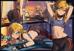1boy ai_generated almond_eyes armpits ass ass_focus black_hair black_nails blue_eyes choker crossdressing cute earrings femboy feminine_male feminization fingerless_gloves girly girly_boy golden_hair gym gym_uniform hylian hylian_ears leggings legs_spread link link_(breath_of_the_wild) link_(tears_of_the_kingdom) long_eyelashes long_hair long_nails luxica male male_only novelai one_eye_closed penis smile solo sports_bra sports_uniform sportswear sweat teasing the_legend_of_zelda tight_clothing trap triforce twink workout workout_clothes