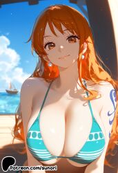 ai_generated beach bikini blue_sky breasts clothing cloud day earrings female female_only jewelry long_hair nami_(one_piece) ocean one_piece shoulder_tattoo shueisha sky sunori swimsuit tattoo weekly_shonen_jump
