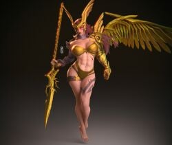 1girls 3d angela_(aldrif_odinsdottir) bikini female female_only full_body heyfcat marvel marvel_comics marvel_rivals muscular muscular_female single_wing solo spear thor_(series) weapon wings