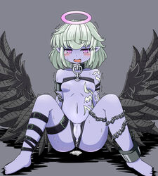 1girls after_sex angel bad_feet barefoot belt black_wings blush bondage breasts chains collar cum cum_inside cum_pool dark_angel_(monster_girl_encyclopedia) error fallen_angel fat_mons feathers female flat_chest halo midriff monster_girl monster_girl_encyclopedia new_year_(artist) nipples panties pointy_ears purple_eyes purple_skin pussy remiria27 saliva shackle silver_hair sitting solo spread_legs tattoo thong trembling underwear wings