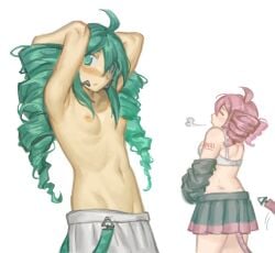 2girls bra casual exposed_breasts fanloid first_porn_of_character half-dressed hands_behind_head kasane_keko kasane_teto looking_at_someone no_sex no_visible_genitalia skirt_only small_breasts sosyaloh swirls tired_expression topless_female undressing utau vocaloid voyeur_pov