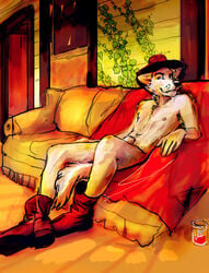 blonde_fur blue_eyes boots canine cowboy_hat furry hat java male male_only nude penis sheath short_fur sitting sofa solo tail wolf