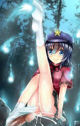 90i bare_legs blue_eyes cum feet footjob footwear geung_si hat highres hitodama jiangshi leg_lift ofuda penis purple_hair sitting skirt smile socks solo star touhou tree uncensored white_legwear yoshika_miyako