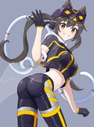 1girls ass black_hair blush clothing crouching curvy female fringe gloves hi_res i:p_masquerena konami kyrion_3500 light_skin looking_back multicolored_pants pants red_eyes safe safe_for_work side_view smile solo standing teenager teeth twintails yu-gi-oh!