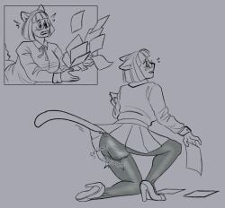 2023 accident anthro anya_(ashtrayguts) ashtrayguts biped blouse bottomwear bow_tie clothed clothing digital_drawing_(artwork) digital_media_(artwork) domestic_cat eyewear fangs feces felid feline felis female footwear glasses greyscale high_heels kneeling legwear lipstick low-angle_view makeup mammal monochrome office_clothing office_lady on_one_knee pumps raised_tail rear_view scat shoes skirt soiling soiling_panties soiling_underwear solo sound_effects squish_(sound_effect) string_bow_tie tail tail_under_skirt tail_upskirt teeth tights topwear translucent translucent_clothing tripping upskirt wearing_glasses