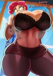 1girls 2026 belly big_breasts bra breasts clothed clothes diddle's_secretary digital_media_(artwork) douchecorp_secretary female female_only glasses helluva_boss human human_female large_breasts mrmelted pink_hair secretary solo solo_female solo_focus text thick_thighs vivziepop