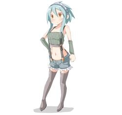 blue_hair frfr hairband hand_on_hip hips midriff original short_shorts shorts suspenders thighhighs tube_top tubetop yellow_eyes