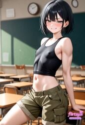 ai_assisted ai_generated analog_clock bare_shoulders black_hair blurry blurry_background blurry_foreground blush breasts chair chalkboard classroom clock covered_nipples depth_of_field desk ear_piercing earrings female grin indoors jewelry looking_at_viewer motion_blur navel on_desk piercing school_chair school_desk short_hair shorts sitting_on_desk small_breasts smile solo table tank_top wall_clock