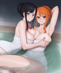 2girls another's arm armpits artist_request at behind black blue blush breast breasts bun cleavage closed eyes girls grabbing hair head large looking mouth naked nami_(one_piece) nico_robin one_piece onsen orange partially press sidelocks smile submerged thighs towel up viewer water wet yuri