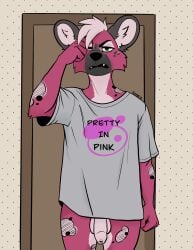 aaron_pictus absurd_res angry anthro balls bedroom bottomless casual_exposure casual_nudity clothed clothing flaccid front_view genitals grumpy hi_res inside looking_at_viewer male open_mouth penis print_clothing print_shirt print_t-shirt print_topwear rubbing_eyes shirt solo standing t-shirt tired topwear