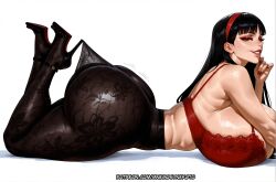 1girls ai_generated alternate_breast_size amagi_yukiko ass black_footwear black_hair black_pantyhose curvy feet_up female from_side gigantic_breasts grin high_heels hime_cut huge_ass lace_pantyhose_hooked_on_heel_(meme) long_hair looking_at_viewer lying makeup mature_female meme meme_clothing mnemosynekoto on_stomach panties patreon_username persona persona_4 red_bra red_hairband red_nails simple_background smile solo thick_thighs underwear web_address white_background
