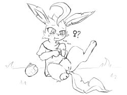 after_transformation anus berry bite_mark black_and_white blush blush_lines bodily_fluids bottomless canid chewing clothed clothing eeveelution featureless_crotch female feral food fruit gender_symbol gender_transformation generation_4_pokemon genitals grass head_leaf hi_res leaf leaf_tail leafeon mammal monochrome mtf_transformation nintendo oran_berry oshoku_momiji oversized_clothing partially_clothed plant pokemon pokemon_(species) pokemon_berry question_mark shrunk simple_background sitting solo species_transformation spread_legs spreading sweat sweatdrop symbol tail transformation transformation_through_food vulva