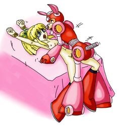 bed blonde_hair blue_eyes colored crying_with_eyes_open mega_man mega_man(classic) nipples nude on_bed open_mouth ponytail rape restrained robot roll rush_(mega_man) sex tears tied_hair vaginal_penetration