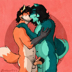 blush canine chubby closed_eyes erection fox gay hair hug kissing long_hair male overweight penis pubic_hair rthur uncut