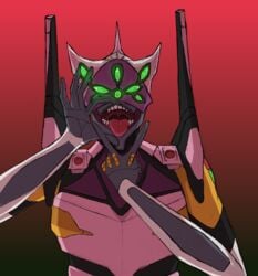 8_eyes armor artist_request eva_08 evangelion_(mecha) green_eyes mecha multi_eye neon_genesis_evangelion oral_invitation rebuild_of_evangelion robot simple_background tongue_out