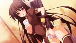 black_hair breast_grab breasts fingering game_cg kuon_itsuki long_hair nipples panties red_eyes thighhighs tiny_dungeon underwear vell_sein