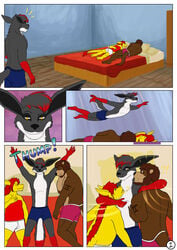 2019 anthro bed bedroom canine comic cowardlion group hi_res hug jumping kobold male mammal mustelid otter wolf yaoi