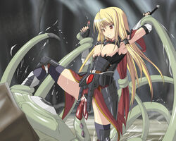 ambiguous_penetration armor blonde_hair breasts brown_eyes cld1111 clenched_teeth covered_penetration cum defeated dress implied_penetration implied_sex knight long_hair monster nipples rape restrained sex_under_clothes sex_under_dress sword tear tentacle tentacle_under_dress tentacles_under_clothes torn_clothes vaginal_penetration weapon