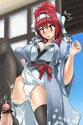 blush breasts cameltoe censored character_request cum cum_on_clothes feet footjob hanahime_(sengoku_taisen) headband legs long_hair momio open_mouth panties penis red_eyes red_hair sengoku_taisen t thighhighs underwear white_panties