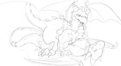 black_and_white cum cynder dragon female male mikachu_tuhonen monochrome plain_background sex sketch spyro spyro_the_dragon white_background