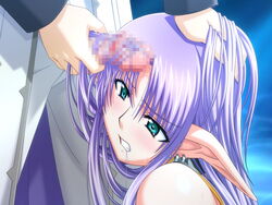 blue_eyes blush censored clenched_teeth divus_rabies elf female fujii_kazuha hair_grab hairjob human imminent_rape kurie_norn long_hair male_human/female_elf penis pointy_ears psy-chs purple_hair