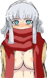 1girls blue_eyes blue_hair blush breasts clothes danganronpa danganronpa_3 female female_only large_breasts looking_at_viewer miaya_gekkogahara muramo nipples partially_clothed scarf scarf_over_mouth simple_background solo solo_focus straight_hair sweatdrop tears white_background